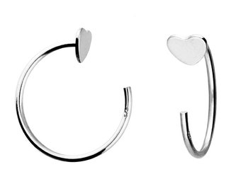 Flat Heart Pull Through Hoop Earrings Solid .925 Sterling Silver Handmade