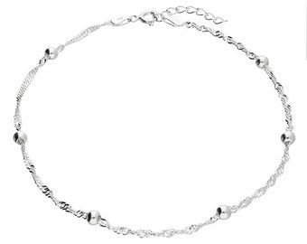 Silver Anklet With Bead Detail Chain Adjustable Chain 925 Sterling Silver