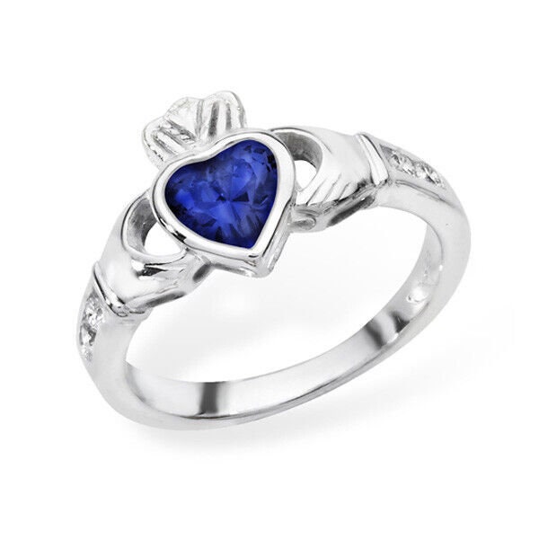 Irish Claddagh Ring Sterling Silver Sapphire Celtic Friendship Love 925 hallmark