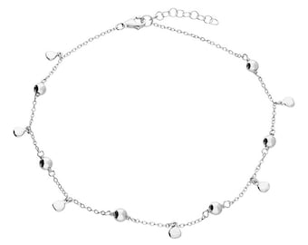 Silver Anklet Alternate Bead and Abstract Disc Adjustable Chain 925 Sterling Silver