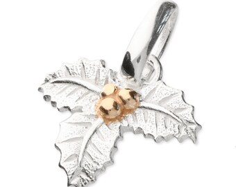 Rose Gold & Silver Holly Pendentif Décembre Fleur de Naissance 18ct Or Rose sur 925 Argent Sterling Fait Main