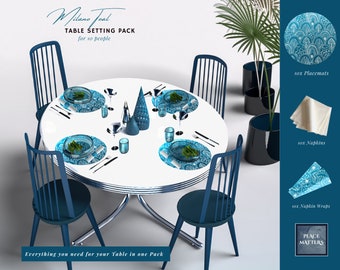 Pack de réglage de table bleue pour 10 personnes (Détails du contenu indiqué dans la description) Napperons ronds