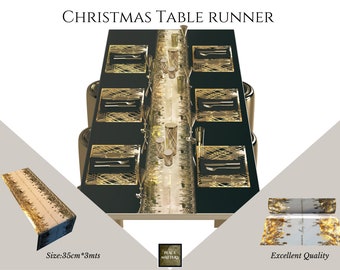 Christmas Table Runners, Gold Table Runner,, Size:35cm x 3 Mts (14&quot;x 10 feet) Reindeer Design,