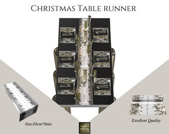 Christmas Table Runner.Silver Table Runner,Size:35cm x 3 Mts (14&quot;x 10 feet) Reindeer Design.