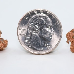May include: Two pieces of raw copper ore with a quarter coin for size comparison. The copper has a rough, textured surface and a reddish-brown color. The quarter is silver and features a profile of a person.