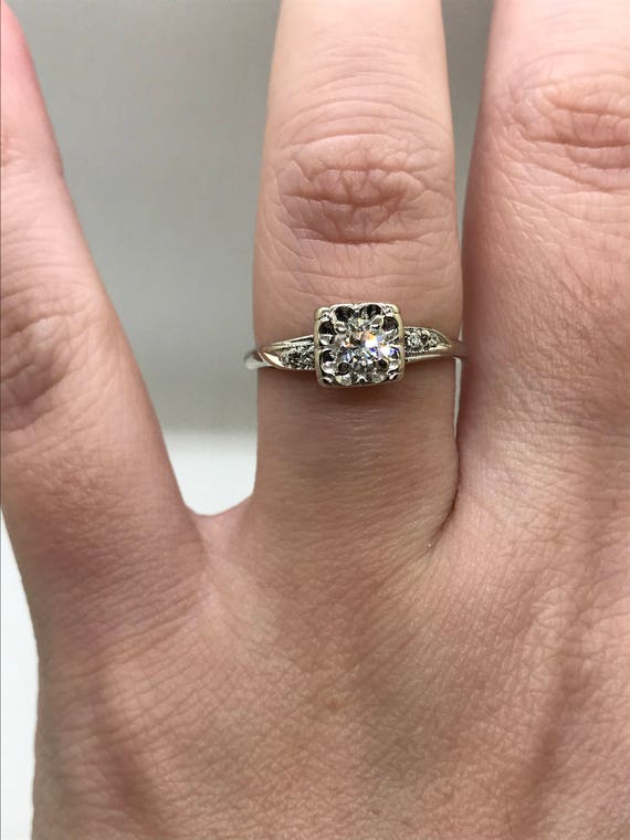 Retro 10k White Gold Diamond Engagement Ring - image 4
