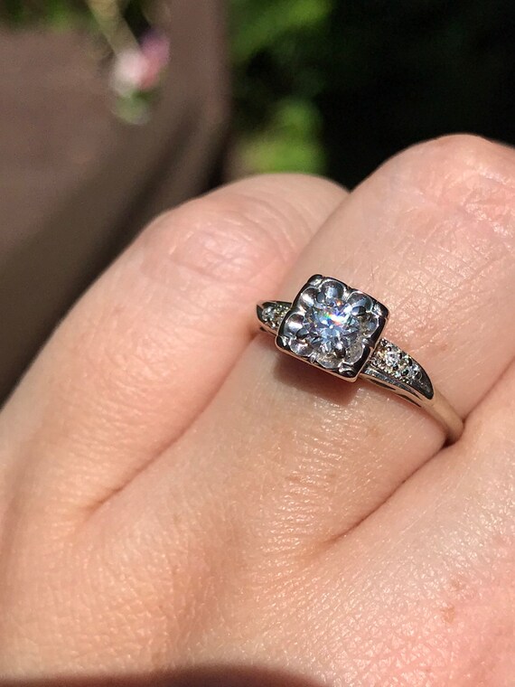 Retro 10k White Gold Diamond Engagement Ring - image 5