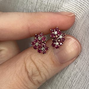 May include: A pair of cluster stud earrings featuring multiple round-cut deep pink rubies and small clear accent stones set in a metallic frame. The floral-shaped design consists of several circular gemstones arranged in a dense, layered cluster.