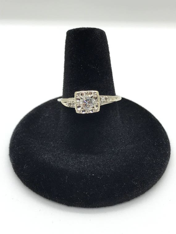 Retro 10k White Gold Diamond Engagement Ring - image 3