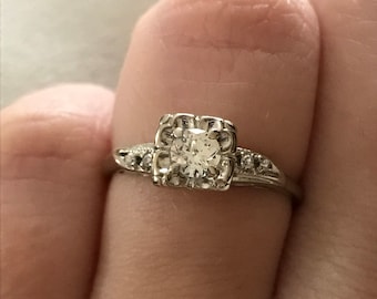 Retro 10k White Gold Diamond Engagement Ring