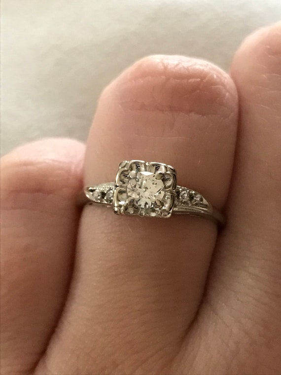 Retro 10k White Gold Diamond Engagement Ring - image 1