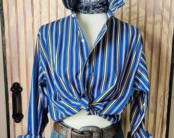 Upcycled Re-worked Polo Ralph Lauren Regent Yellow Stripe Ruffle Collar Shirt XL