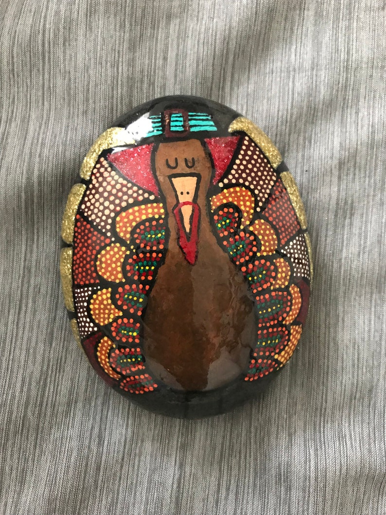 Hand painted turkey rock, mandala, holiday theme, dots, paint brushed, gift, table accent image 1