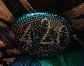 Hand painted dotted "420" rock, accent piece, April 20, weed themed rock, celebrate, ocean rock, celebrate creativity, gift, table art