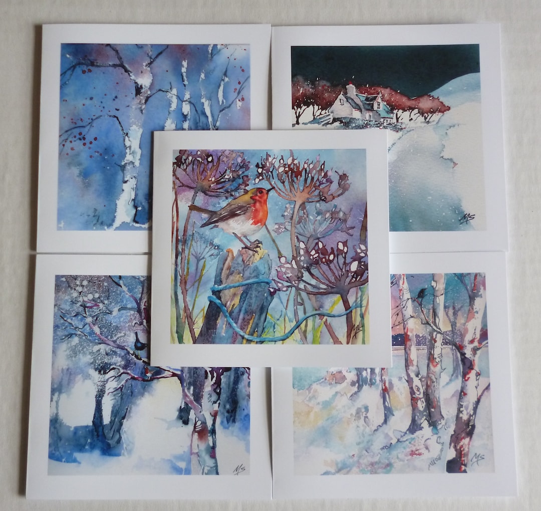  Pack of 5 Winter Themed Cards - Etsy