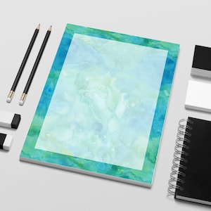 Papelería de borde de acuarela imprimible Tropical Aqua Blue, descarga instantánea de bricolaje, impresión desde casa o impresora local en papel de 8,5" x 11"