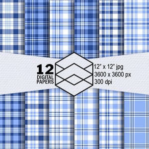 Blue Plaid Digital Paper Instant Download 12 Blue Plaid Digital Paper Pack 300dpi 12&quot;x12&quot; JPEG Files Scrapbooking, Crafting