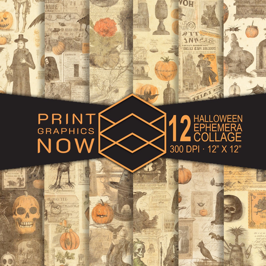 Halloween Grungy Ephemera Collage Digital Paper, Shabby Halloween ...