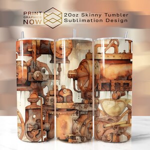 Steampunk Clipart 20oz Skinny Tumbler Wrap Diseño para sublimación, Ilustración de máquinas Steampunk, 300 DPI, Formato PNG, Descarga digital