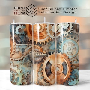 Steampunk Clipart 20oz Skinny Tumbler Wrap Design for Sublimation, Steampunk Gears Illustration, 300 DPI, PNG Format, Digital Download