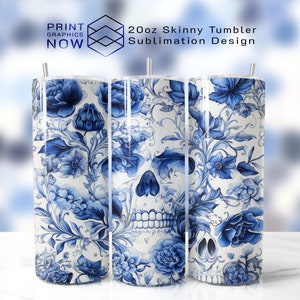 Skull Blue Floral 20oz Skinny Tumbler Design Wrap for Sublimation, High-Res 300 DPI, PNG Format, Digital Download