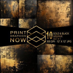 Gold And Black Grunge Paint Digital Paper, Shades of Black and Gold Backgrounds with Distressed Vintage Style Textures