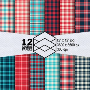 Plaid Digital Paper American Retro Instant Download 12 American Retro Plaid Digital Paper Pack 300dpi 12&quot;x12&quot; JPG Files, Craft Projects
