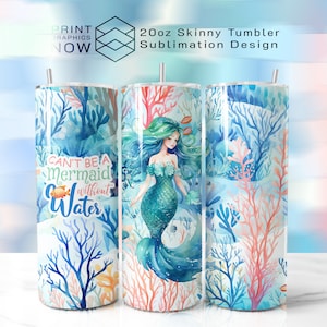 Mermaid Theme Sublimation Tumbler Wraps, Mermaid 20oz Skinny Tumbler Design Wrap for Sublimation, Mermaid Wrap Around Seamless