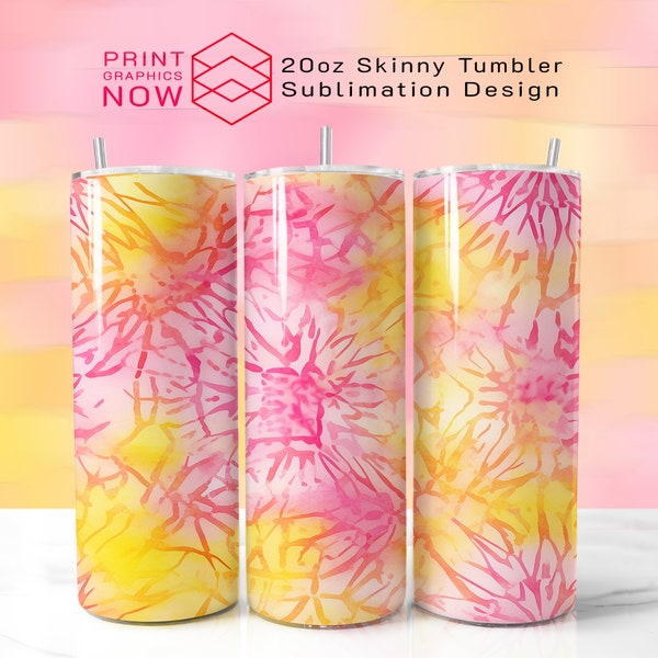 Tie-Dye Yellow Pink Tumbler Design, Seamless Tie Dye for Sublimation 20oz Skinny Tumbler, 300 DPI, PNG, Straight Template, Download