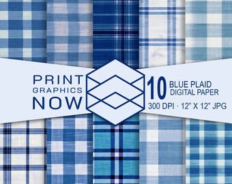 Blue Plaid Pattern Digital Paper, Shades of Blue Plaid Scrapbook Junk Journal Seamless Repeatable Background Textures, Digital Download