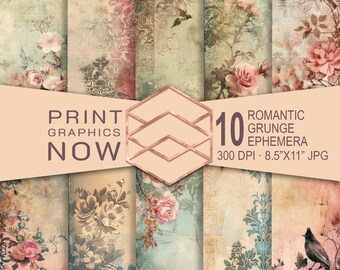 Ephemera Romantic Grunge Digital Paper, Distressed Vintage Style Digital Paper Pack, 8.5" X 11"