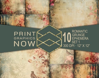 Romantic Grunge Ephemera Digital Paper, Distressed Vintage Style Digital Paper Pack