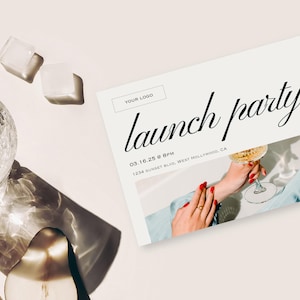 CANVA | Sjabloon voor chique feestelijke opening 7 x 5 inch, uitnodiging productlanceringsfeest, bewerkbaar, afdrukbaar, opening nieuwe zaak, evenementflyer, mailer