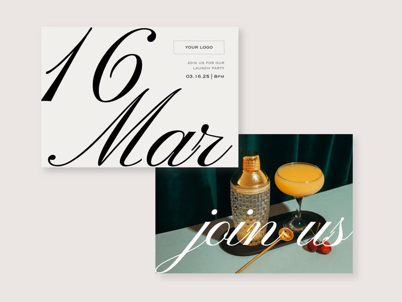 May include: Two-part image. Top: Invitation with the date "16 Mar" in large black script. Bottom: A cocktail shaker, a glass of orange drink, and the words "join us" in white script. The background is teal.