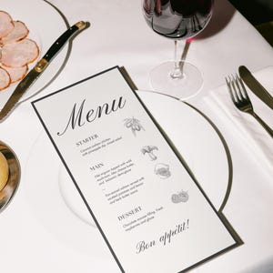CANVA | Modèle de menu noir/blanc élégant, carte de menu de mariage modifiable et imprimable, modèle de menu d'événement moderne, 4 x 9" et 4 x 8", TÉLÉCHARGEMENT IMMÉDIAT