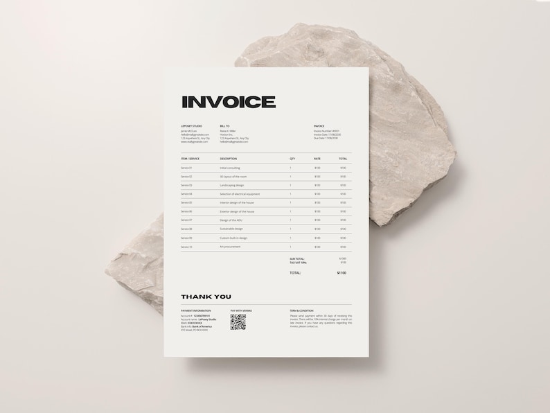 May include: A minimalist invoice with the bold word "INVOICE" at the top. The document includes sections for company information, itemized services, and a total. The invoice is on a white background, with a textured stone in the background.