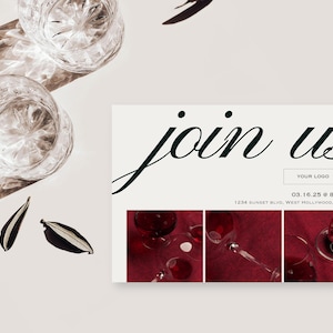May include: An invitation card with the words "join us" in elegant script. The card features a section with images of drinks and glasses. Two crystal glasses and decorative leaves are also present.