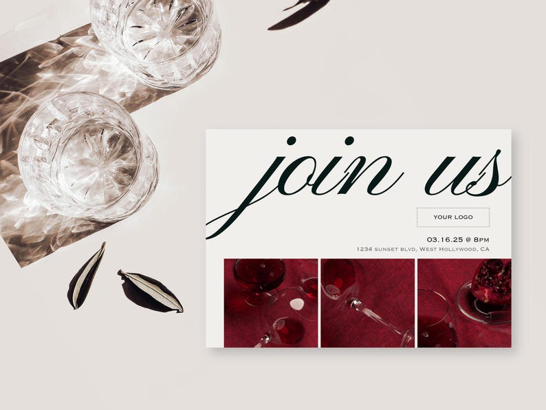 May include: An invitation card with the words "join us" in elegant script. The card features a section with images of drinks and glasses. Two crystal glasses and decorative leaves are also present.