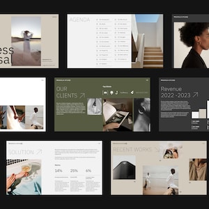 Op de afbeelding: Een verzameling digitale presentatiedia's met een minimalistisch ontwerp. De dia's bevatten tekst, grafieken en afbeeldingen, waaronder een omslag voor een business proposal, een agenda en secties over klanten en omzet. Het kleurenpalet is neutraal met groene accenten.
