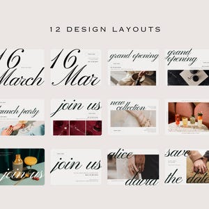 May include: A set of 12 design layouts with different themes. The layouts include text such as "16 March", "grand opening", "launch party", "new collection", "join us", and "save the date". The designs incorporate images of cocktails, hands, and lifestyle elements.