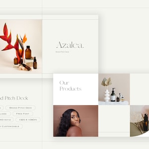May include: A brand pitch deck for Azalea, a beauty brand. The deck includes 34 slides, a free font, and is fully customisable. The deck features images of products, including bottles of essential oils and a woman with dark hair.