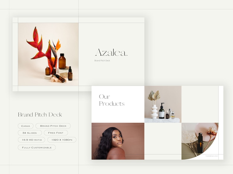 May include: A brand pitch deck for Azalea, a beauty brand. The deck includes 34 slides, a free font, and is fully customisable. The deck features images of products, including bottles of essential oils and a woman with dark hair.
