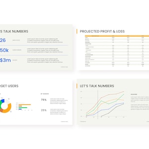 May include: A presentation slide deck with four slides. The first slide has the title "Let's Talk Numbers" and shows the numbers 26, 50k, and $3m. The second slide has the title "Projected Profit & Loss" and shows a table with financial data. The third slide has the title "Target Users" and shows a pie chart and bar graph. The fourth slide has the title "Let's Talk Numbers" and shows a line graph.