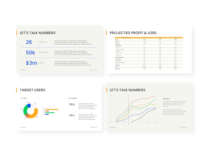 May include: A presentation slide deck with four slides. The first slide has the title "Let's Talk Numbers" and shows the numbers 26, 50k, and $3m. The second slide has the title "Projected Profit & Loss" and shows a table with financial data. The third slide has the title "Target Users" and shows a pie chart and bar graph. The fourth slide has the title "Let's Talk Numbers" and shows a line graph.