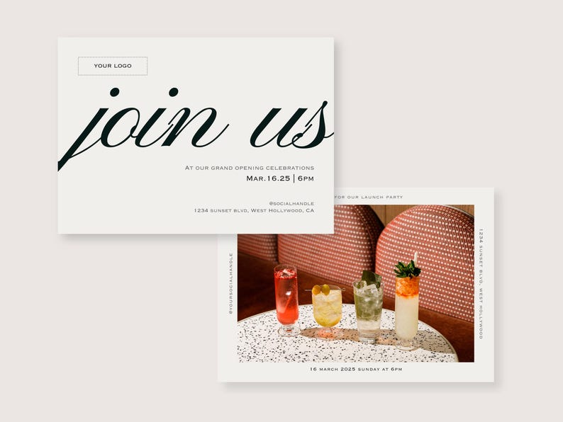 May include: Two invitation cards. The first card says "join us" in elegant script, with event details below. The second card shows four colourful cocktails on a table, with event details. The cards are for a grand opening celebration.