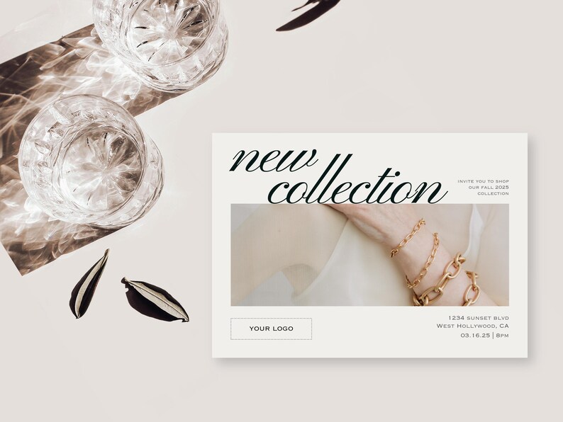 May include: A promotional image for a 'new collection', featuring a hand wearing gold bracelets, two crystal glasses, and decorative leaves. The text reads 'new collection' and includes a business address.