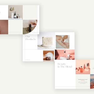 May include: A brochure for a beauty product line featuring images of skincare products, a woman with dark skin, and a hand applying lotion. The brochure has the text "Our Products" and "Beauty in the Blend".