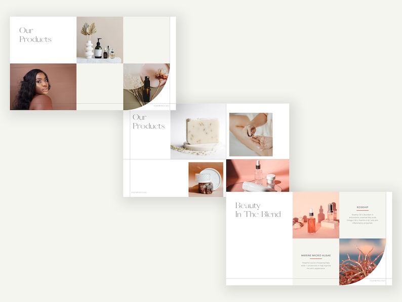 May include: A brochure for a beauty product line featuring images of skincare products, a woman with dark skin, and a hand applying lotion. The brochure has the text "Our Products" and "Beauty in the Blend".