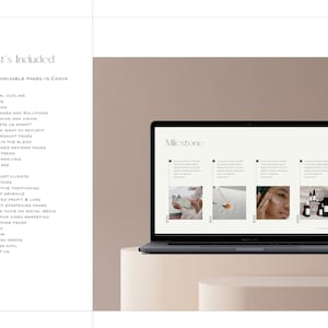 May include: A laptop screen displaying a business plan template with the word "Milestone" at the top. The template includes four sections, each with a year and a photo. The photos show a hand holding a mirror, a hand holding a dropper, a woman applying a cream to her face, and a shelf with bottles of product.