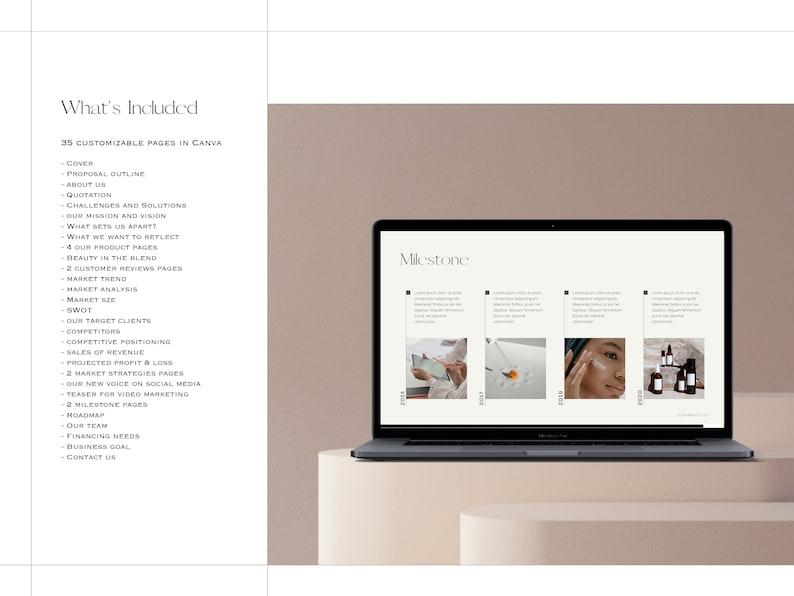 May include: A laptop screen displaying a business plan template with the word "Milestone" at the top. The template includes four sections, each with a year and a photo. The photos show a hand holding a mirror, a hand holding a dropper, a woman applying a cream to her face, and a shelf with bottles of product.